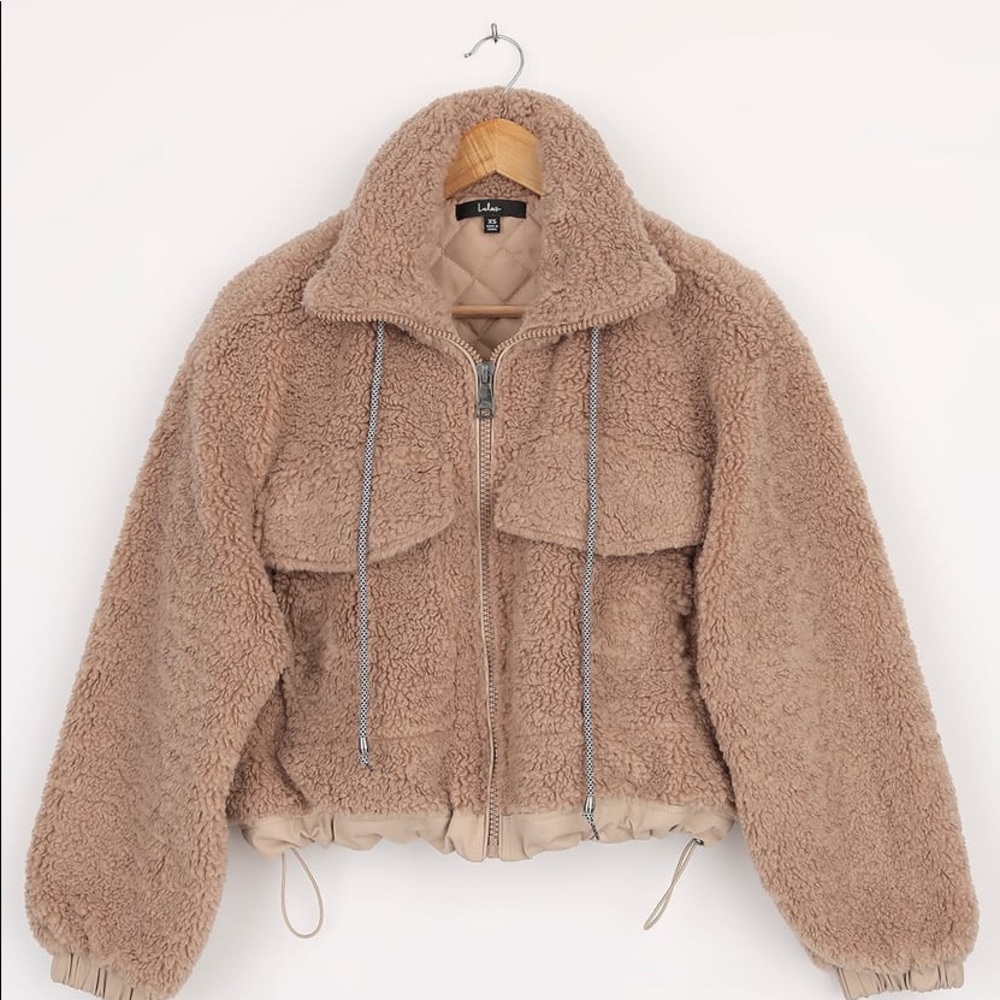 Taupe Faux Fur Drawstring Jacket - Picture 4 of 7